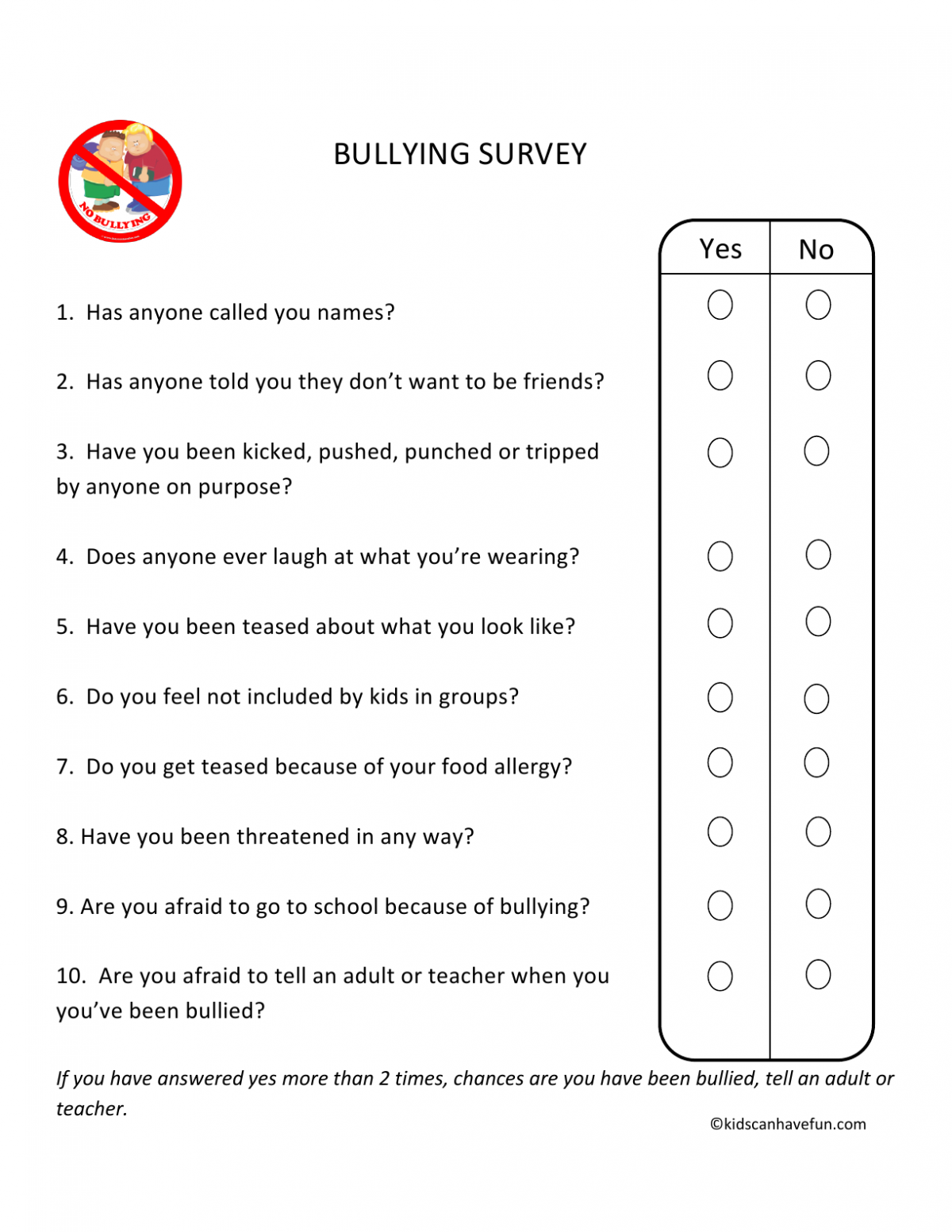 Printable No Bullying Worksheets