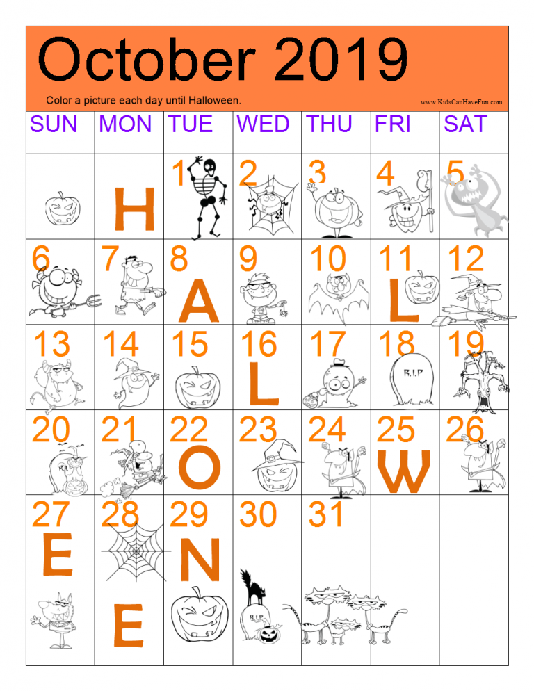 Halloween Countdown, 2013 Calendar, Halloween Pictures to Color