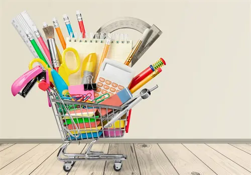 shopping cart full of school supplies
